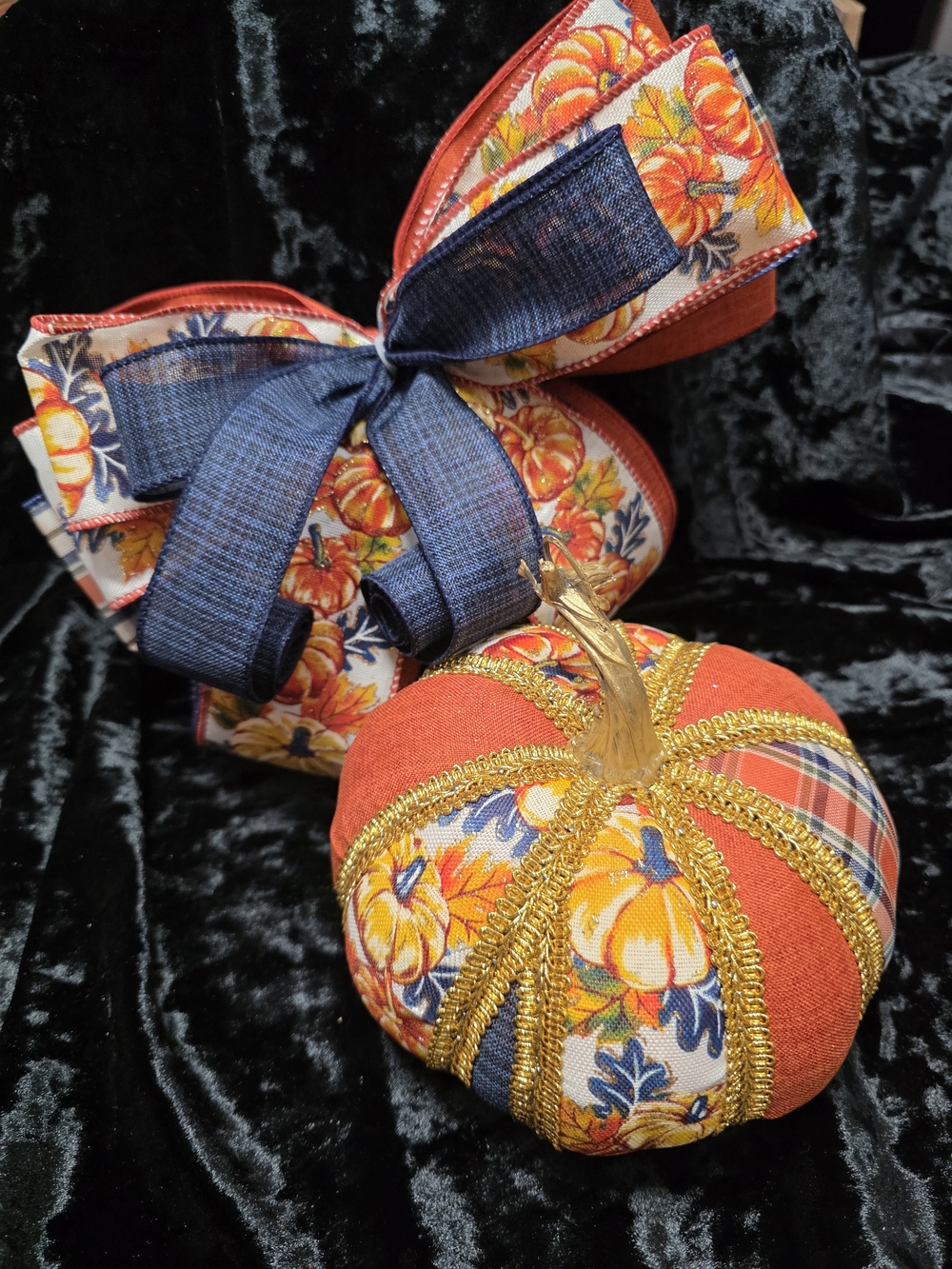 Pumpkin & Plaid Pumpkin, Gold Cord Trim, Handcrafted (matches bow sold separate) - Picture 3 of 9